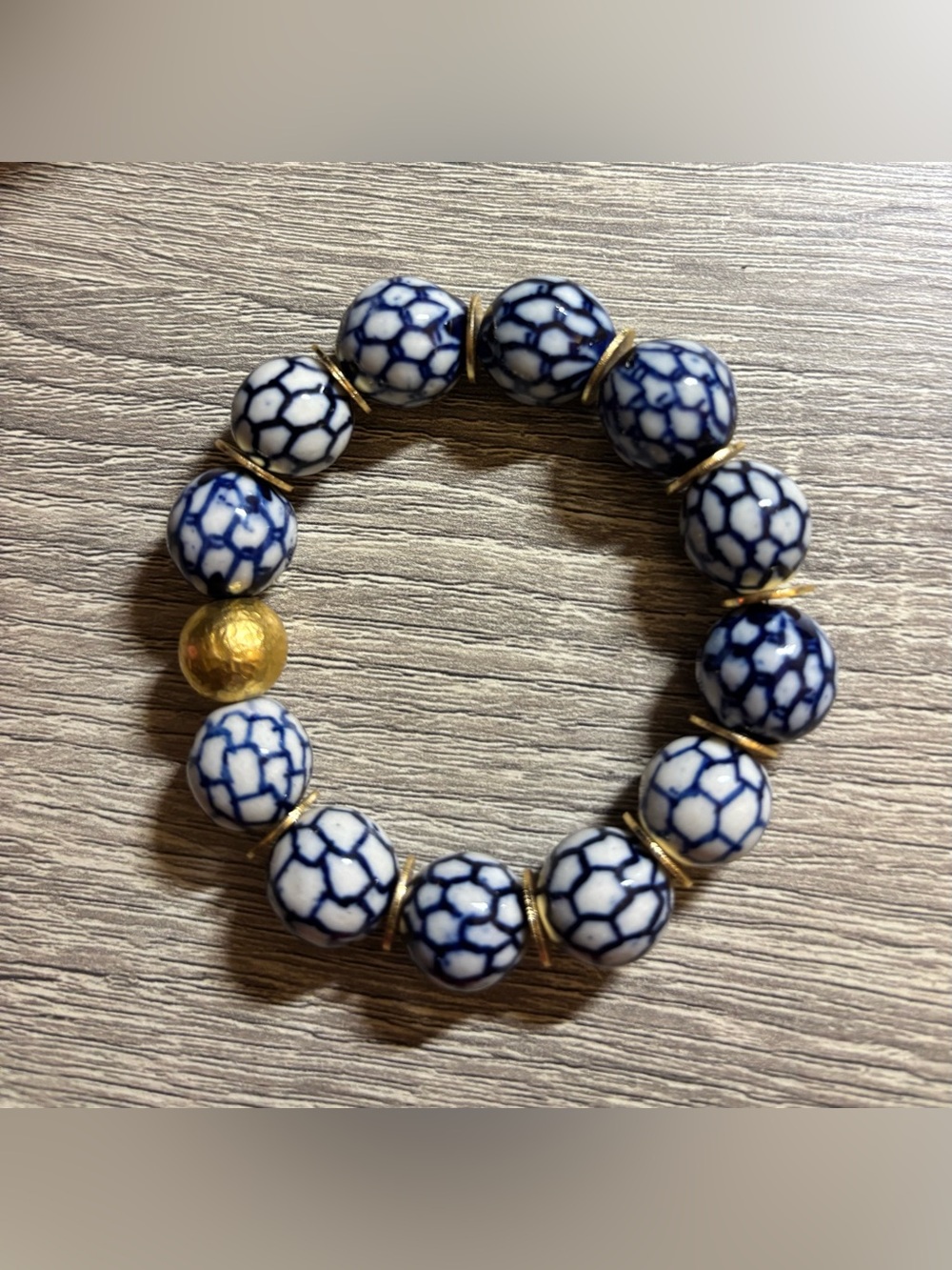 Handmade Blue & White Ceramic Bead Bracelet with Gold Accent